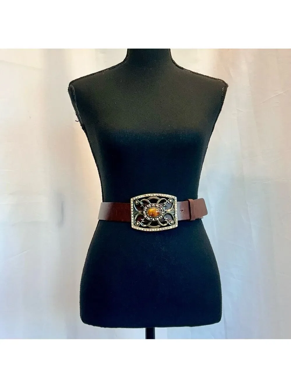 Barbara & Company brown genuine leather crystal rhinestone amber stone belt S